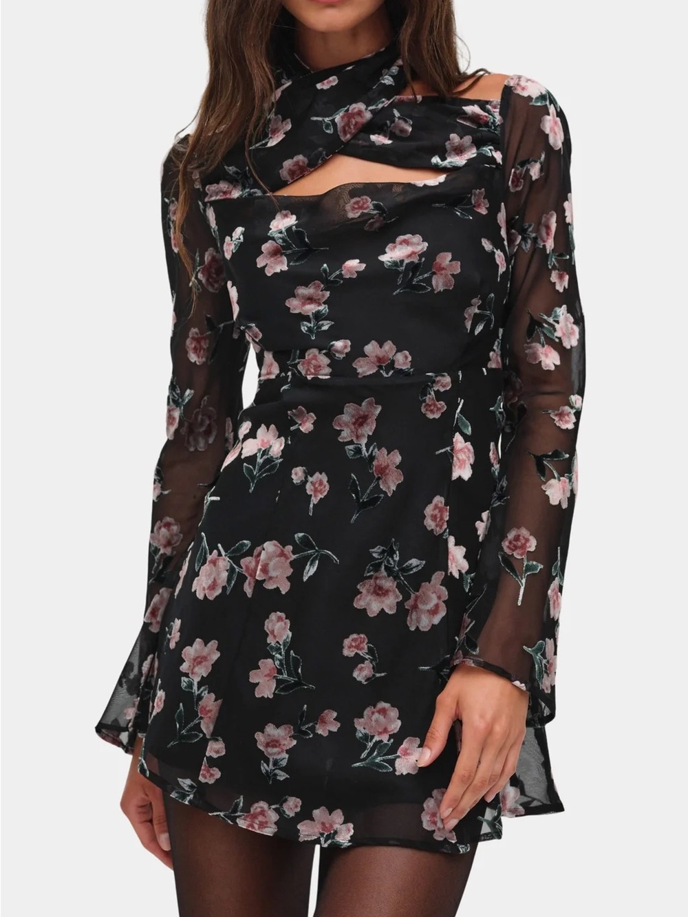 NWT For Love & Lemons Blake Mini Dress - High Neck Bell Sleeve Burnout Velvet